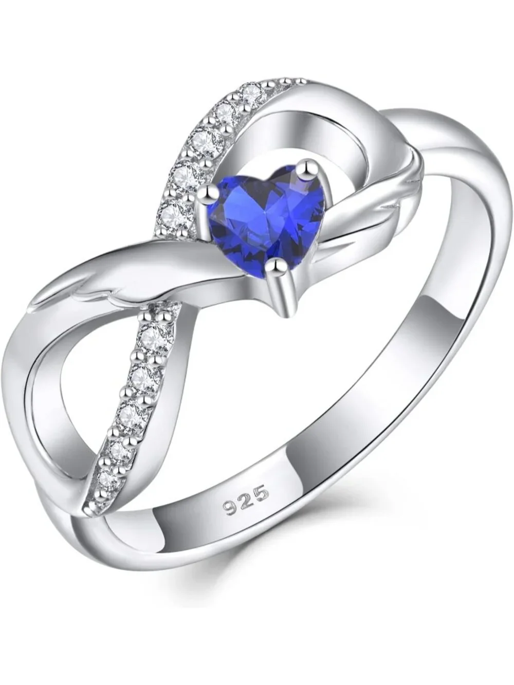 Women's Sapphire 925 Sterling Silver Infinity Promise Angel Wings Heart Ring